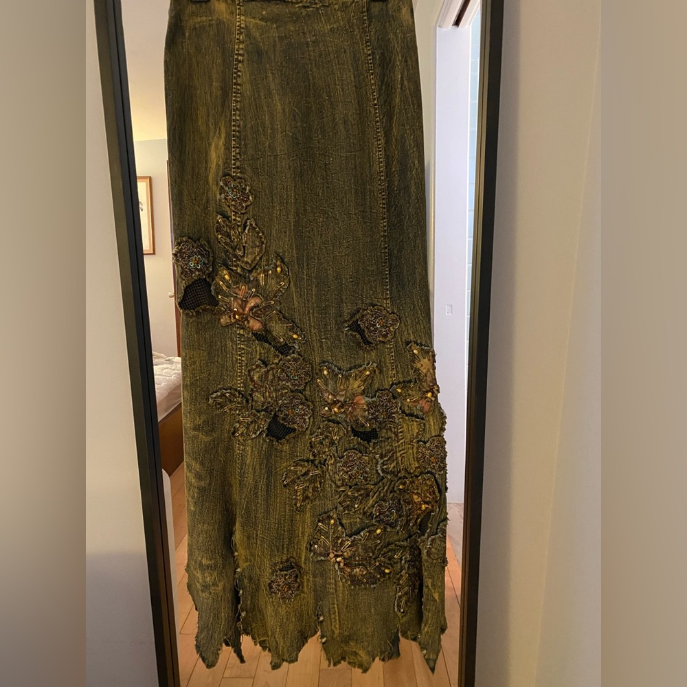 Full length denim skirt and corset with hand sewn appliqué